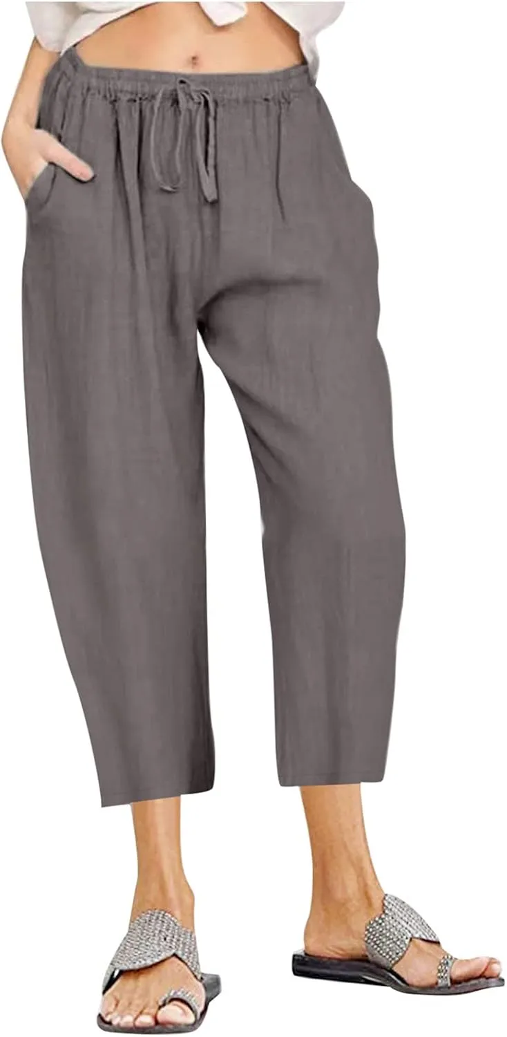 Linen Pants Women 2024 Summer Trendy Straight Leg Capri Pants Elastic Waist High Waisted Trousers with Pocket