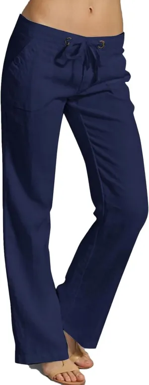 Linen Womens Pants Casual High Waisted Drawstring Casual Loose Summer Baggy Flowy Lounge Cropped Trousers with Pockets