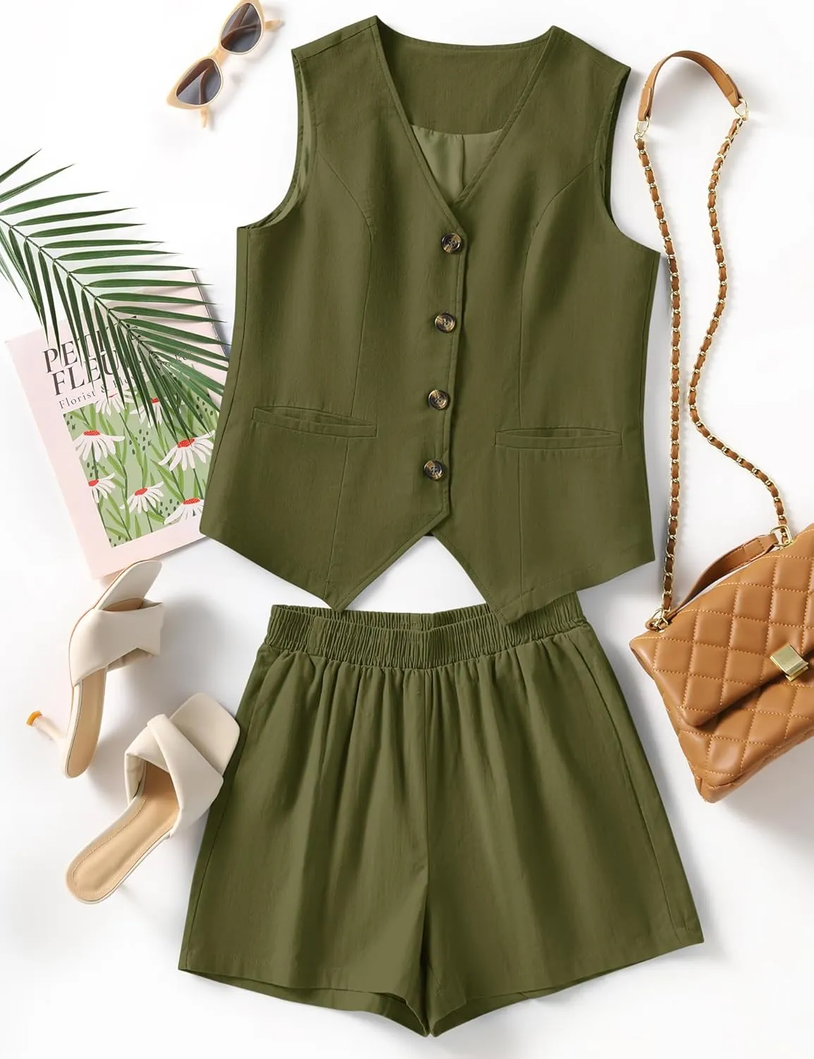 LOMON 2 Piece Sets for Women Summer Outfits Sleeveless Matching Sets V Neck Button Down Vest Linen Shorts Set with Pockets