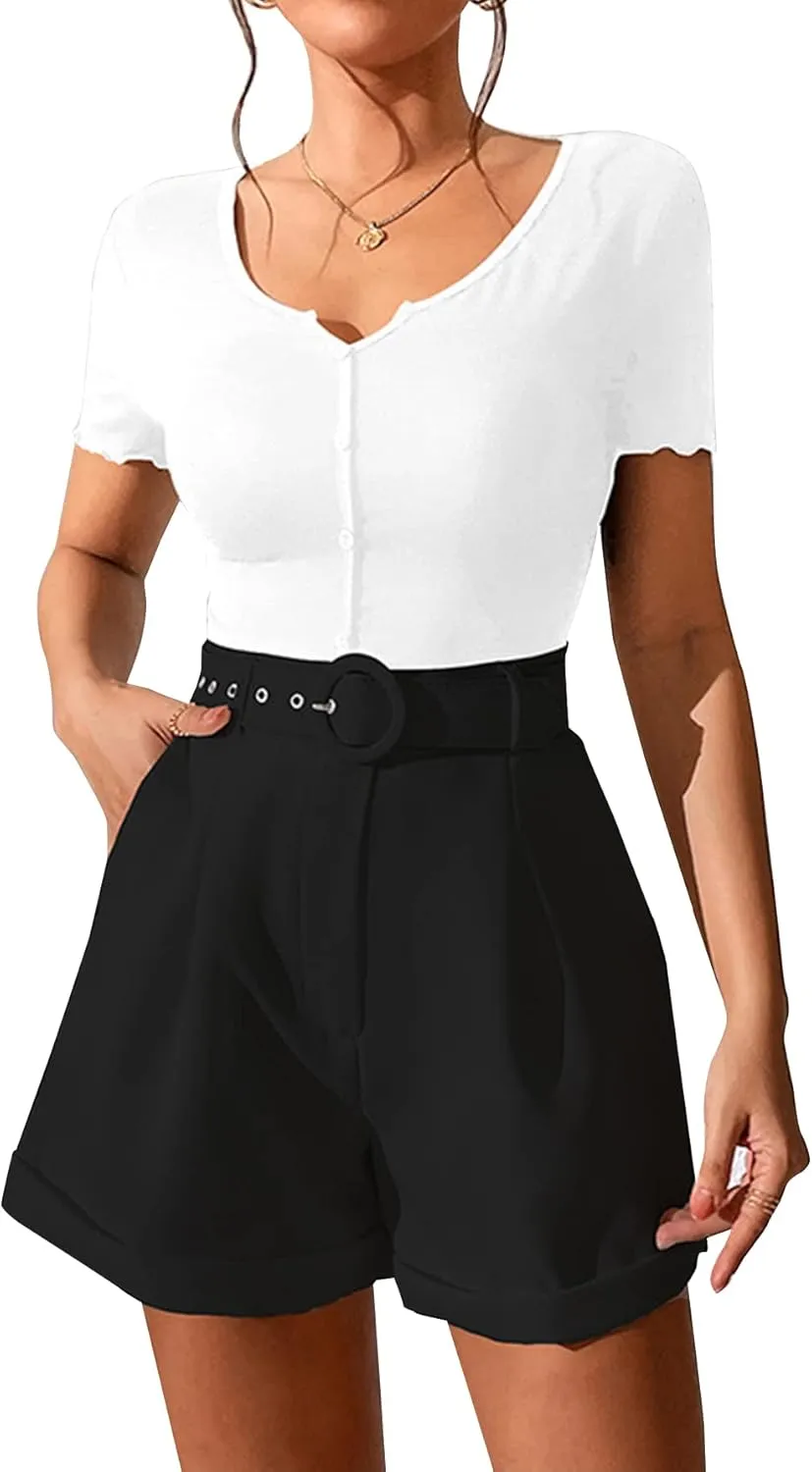LYANER Women's Casual High Waist Wide Leg Belt Pleated Shorts with Pockets