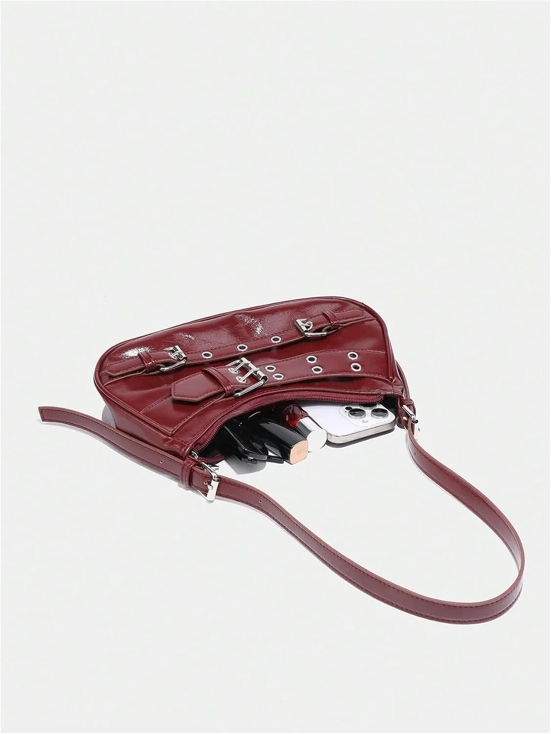 MakeMeChic Women's Hobo Bags Y2K PU Leather Single Strap Grommet Eyelet Medium Shoulder Handbags
