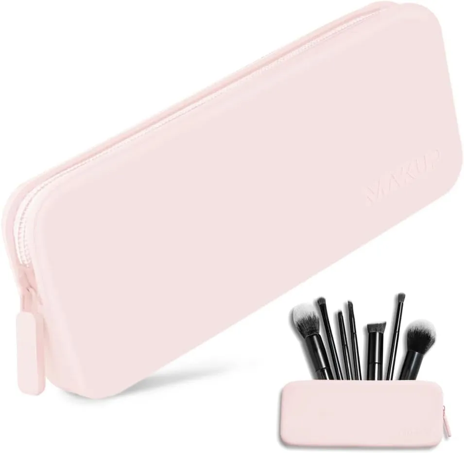 MAKUP Silicone Makeup Bag, Makeup Brush Holder with Zipper for Organizing Cosmetics, Makeup Brushes, Tools and Pencils, Washable Makeup Brush Holder Pouch for Travel (Pink Sand)