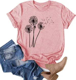MaQiYa Womens Cute Make A Wish Dandelion Printed Tee Shirts Summer Cotton Vintage Graphic Tees Tops