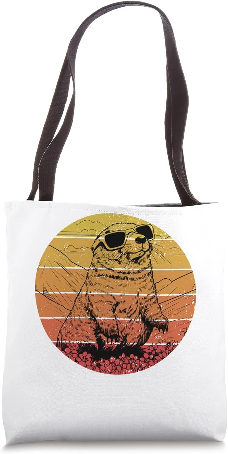 Marmot Wearing Sunglasses Vintage Sunset retro Tote Bag