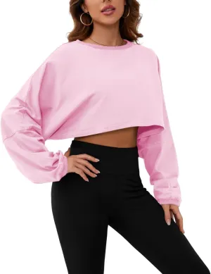 Meladyan Women Long Sleeve Crewneck Crop Top Tee Shirt Sweatshirt Casual Solid Loose Fit Workout Cropped Pullover Tshirt