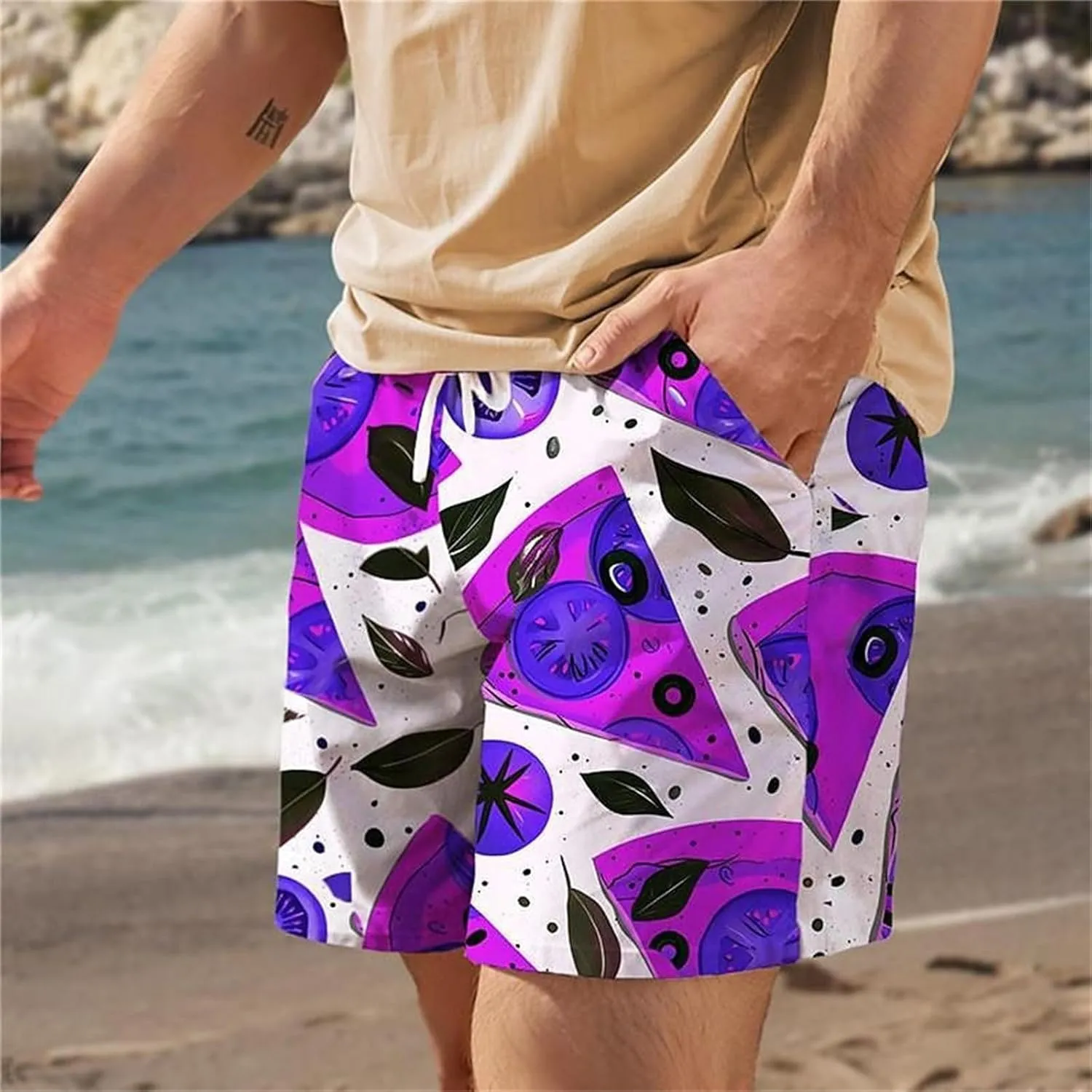 Men Bathing Suit Printed Beach Short Casual Loose Fashion Shorts Loose Tether Pocket Men's Casual Stretch Cargo
