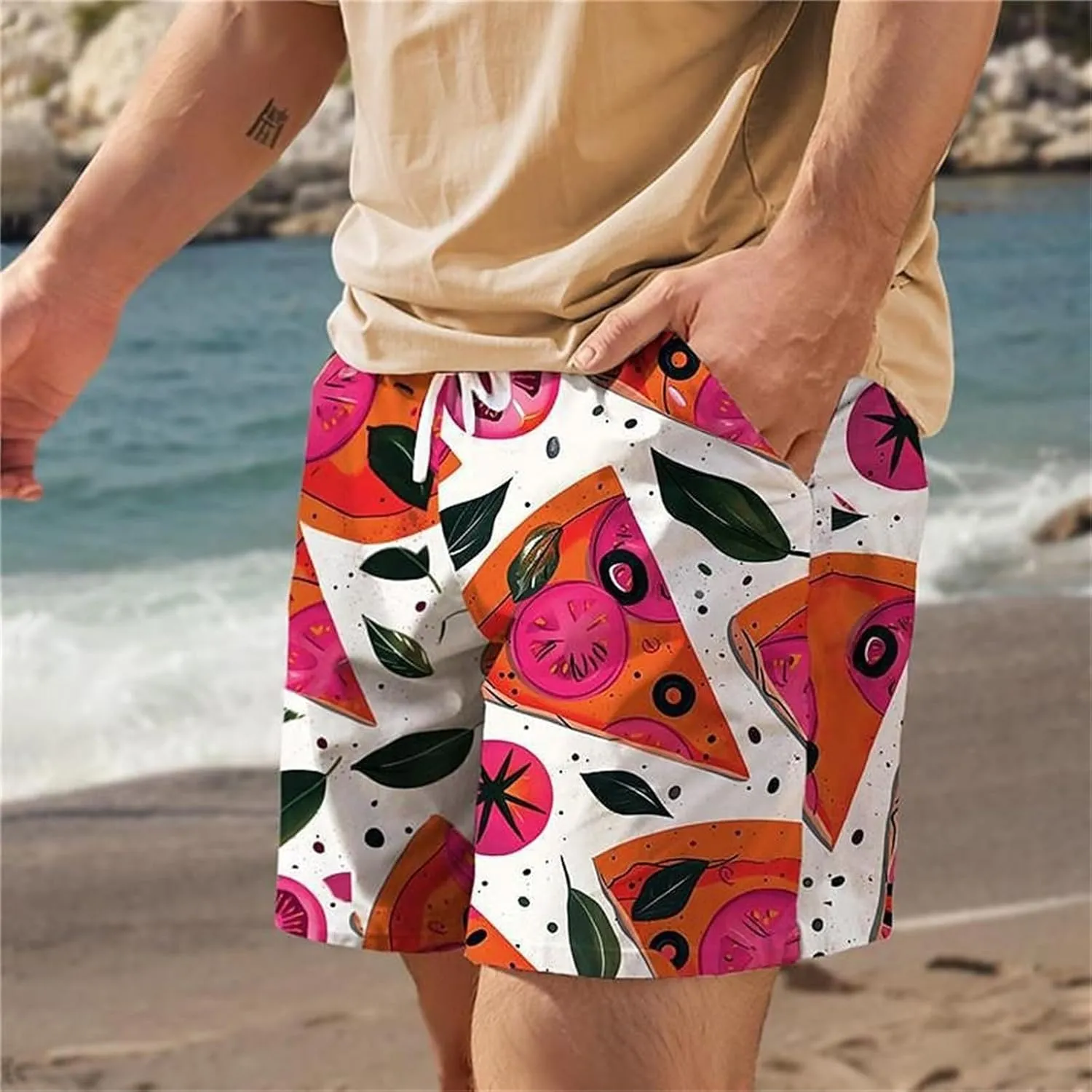 Men Bathing Suit Printed Beach Short Casual Loose Fashion Shorts Loose Tether Pocket Men's Casual Stretch Cargo