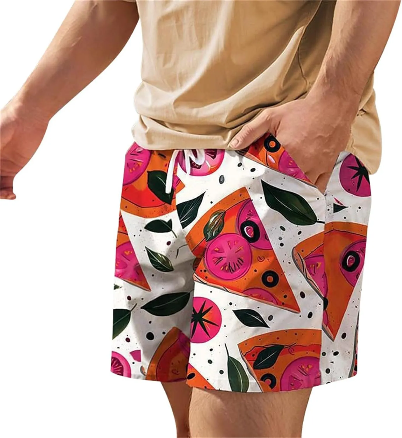 Men Bathing Suit Printed Beach Short Casual Loose Fashion Shorts Loose Tether Pocket Men's Casual Stretch Cargo