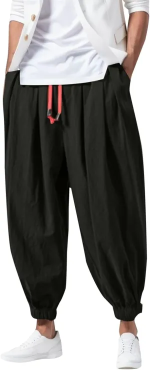 Men Casual Baggy Joggers Sweatpants, Elastic Drawstring Tapered Hippie Harem Pants, Solid Color Loose Fit Pants