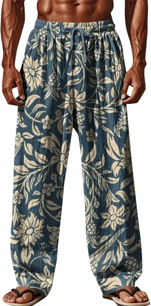 Men Casual Pants Vintage Print Slacks Summer Gradient Casual Vacation Beach Pants Plus Size Drawstring Waist Trousers