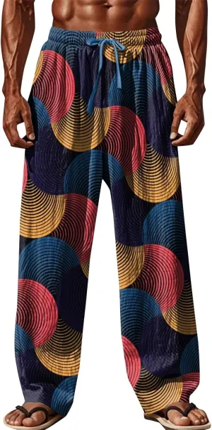 Men Casual Pants Vintage Print Slacks Summer Gradient Casual Vacation Beach Pants Plus Size Drawstring Waist Trousers