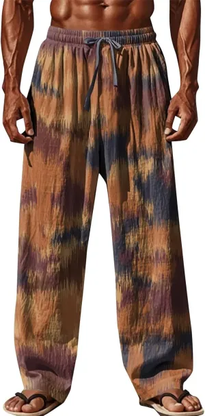 Men Casual Pants Vintage Print Slacks Summer Gradient Casual Vacation Beach Pants Plus Size Drawstring Waist Trousers