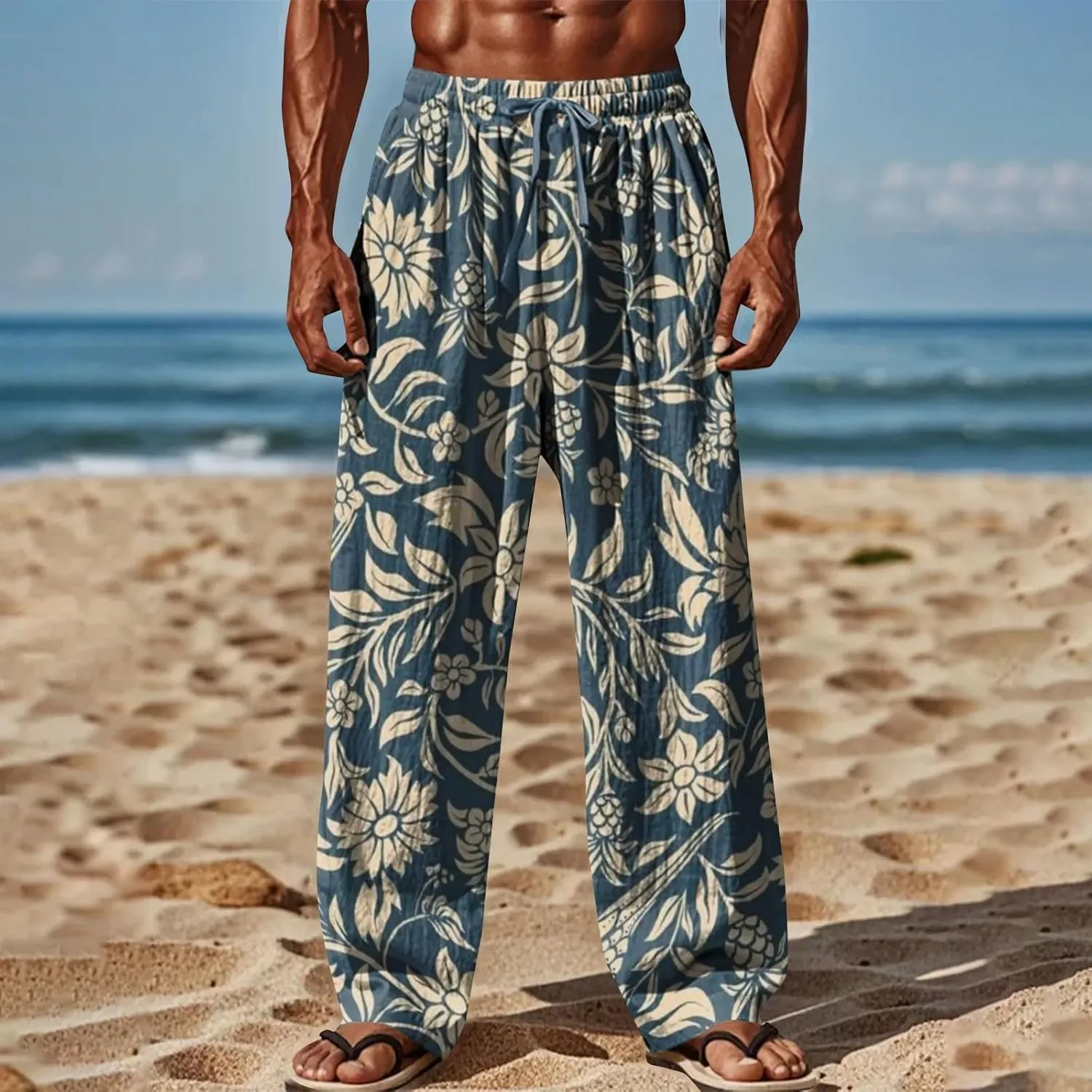 Men Casual Pants Vintage Print Slacks Summer Gradient Casual Vacation Beach Pants Plus Size Drawstring Waist Trousers