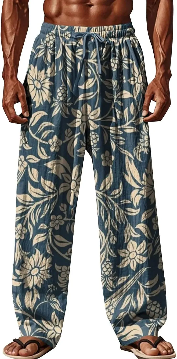 Men Casual Pants Vintage Print Slacks Summer Gradient Casual Vacation Beach Pants Plus Size Drawstring Waist Trousers