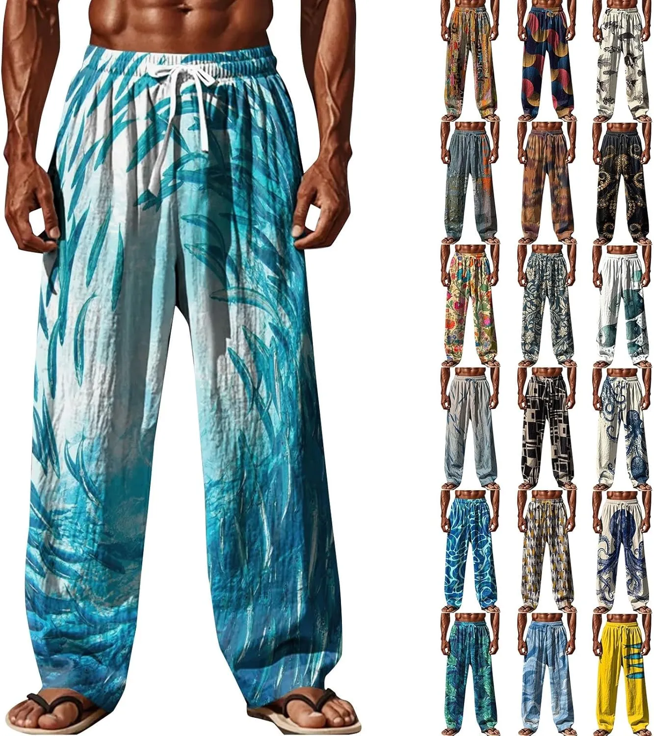 Men Casual Pants Vintage Print Slacks Summer Gradient Casual Vacation Beach Pants Plus Size Drawstring Waist Trousers