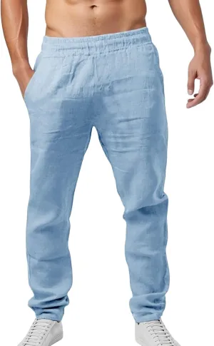Men Linen Pants Solid Causal Pant Outdoor Vacation Beach Trousers Lightweight Open Bottom Waist Slacks for Summer