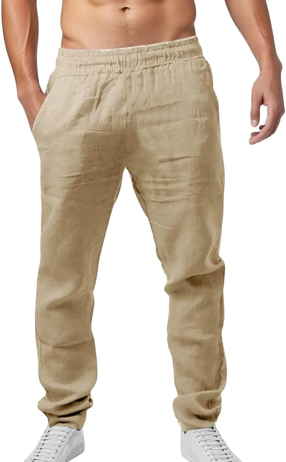 Men Linen Pants Solid Causal Pant Outdoor Vacation Beach Trousers Lightweight Open Bottom Waist Slacks for Summer