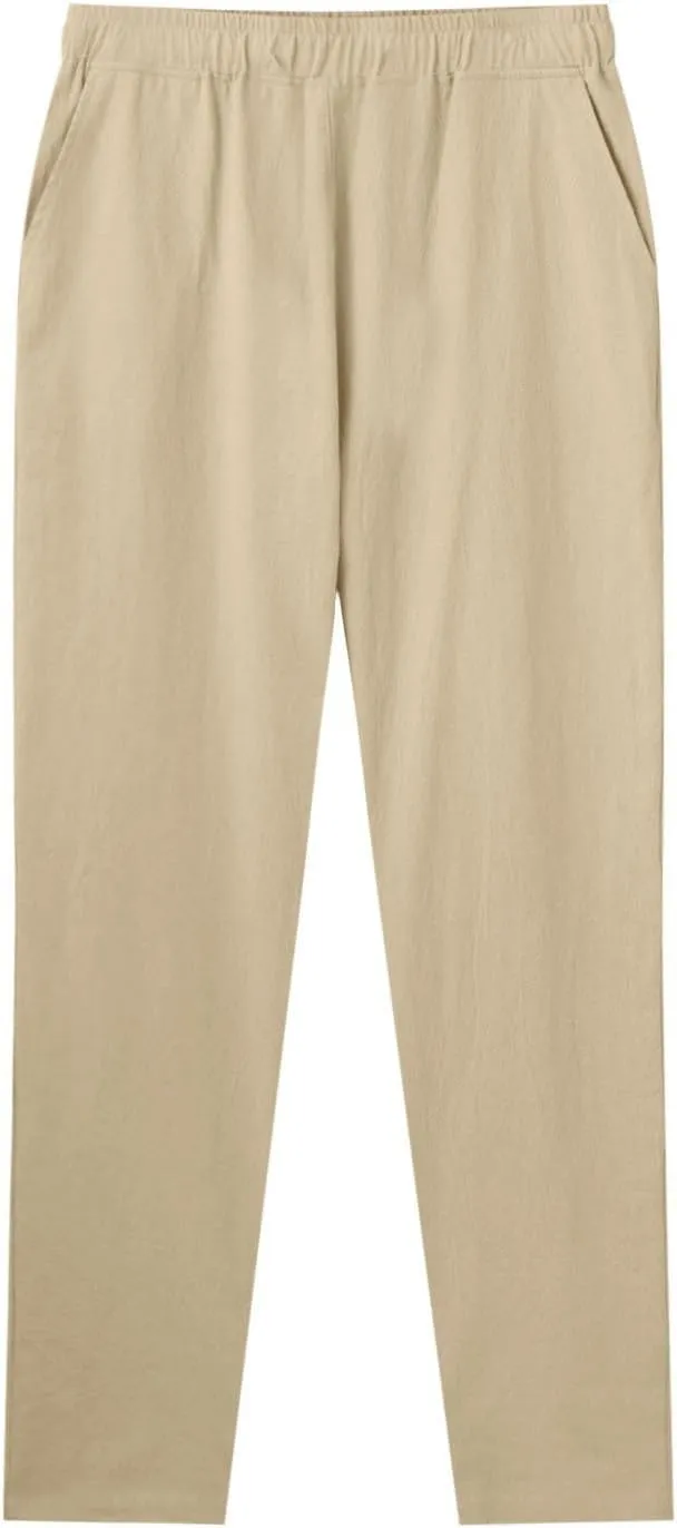 Men Linen Pants Solid Causal Pant Outdoor Vacation Beach Trousers Lightweight Open Bottom Waist Slacks for Summer