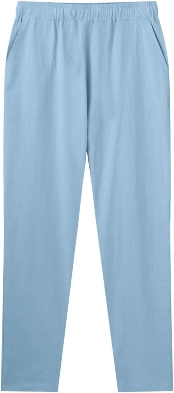 Men Linen Pants Solid Causal Pant Outdoor Vacation Beach Trousers Lightweight Open Bottom Waist Slacks for Summer
