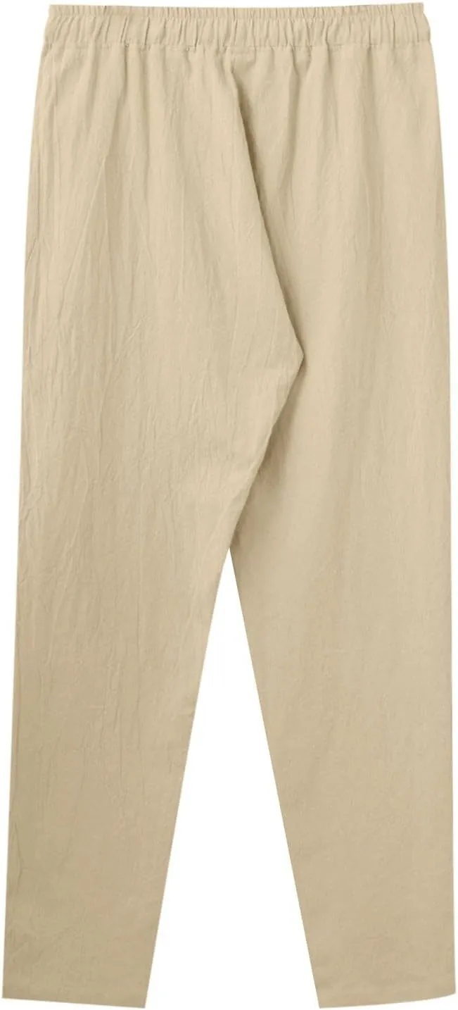 Men Linen Pants Solid Causal Pant Outdoor Vacation Beach Trousers Lightweight Open Bottom Waist Slacks for Summer