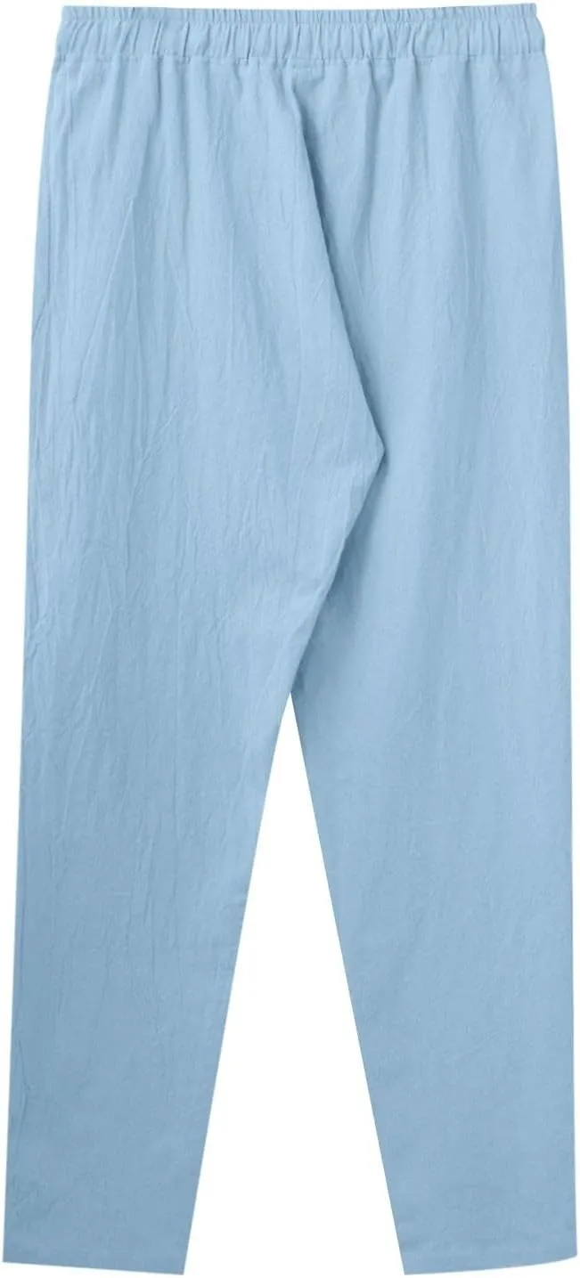 Men Linen Pants Solid Causal Pant Outdoor Vacation Beach Trousers Lightweight Open Bottom Waist Slacks for Summer