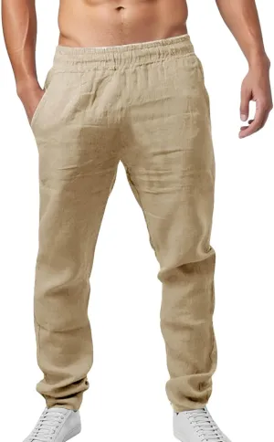 Men Linen Pants Solid Causal Pant Outdoor Vacation Beach Trousers Lightweight Open Bottom Waist Slacks for Summer