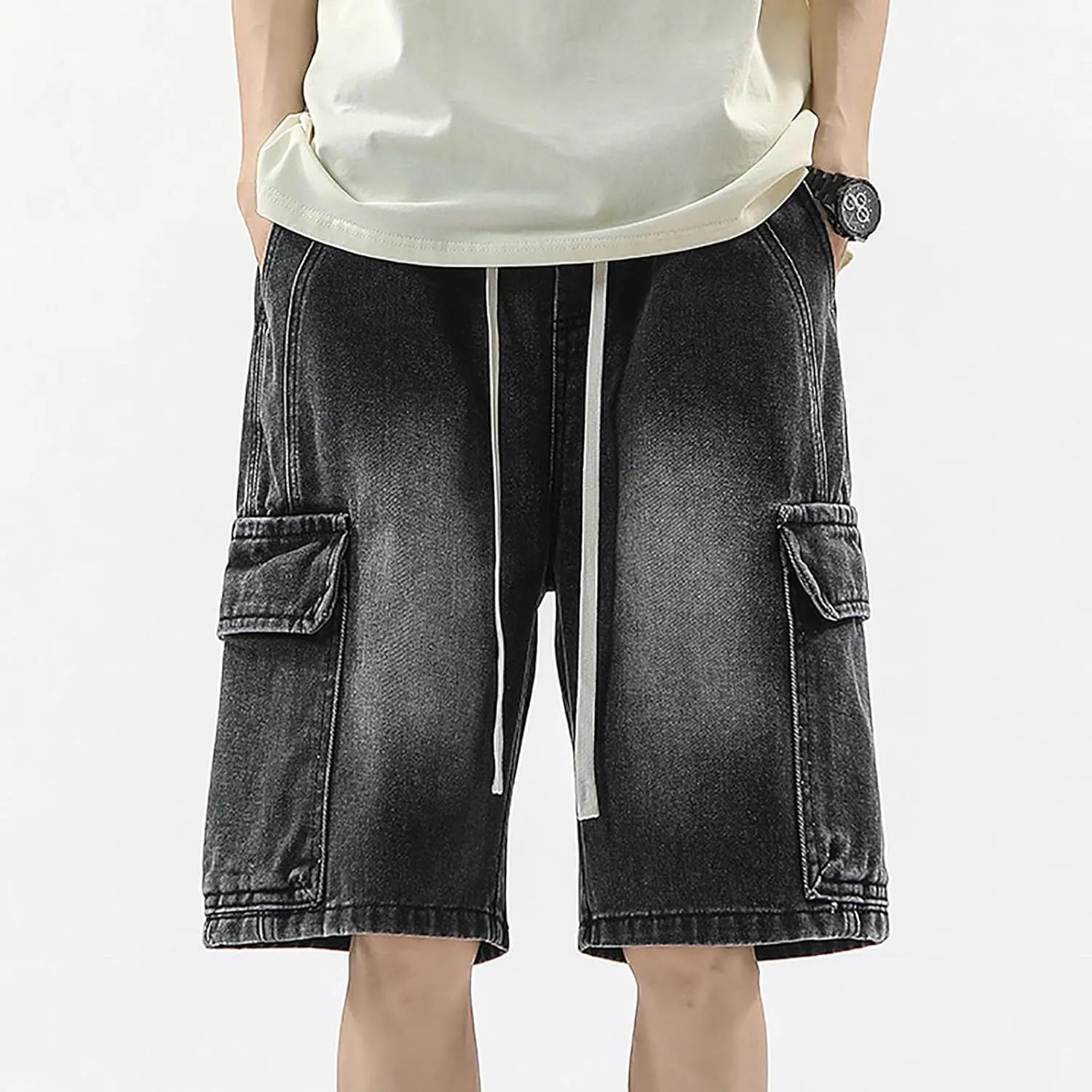 Mens Baggy Denim Jorts Y2K Vintage Loose Hip Hop Jean Shorts Wide Leg Mid Jeans Streetwear Clothes