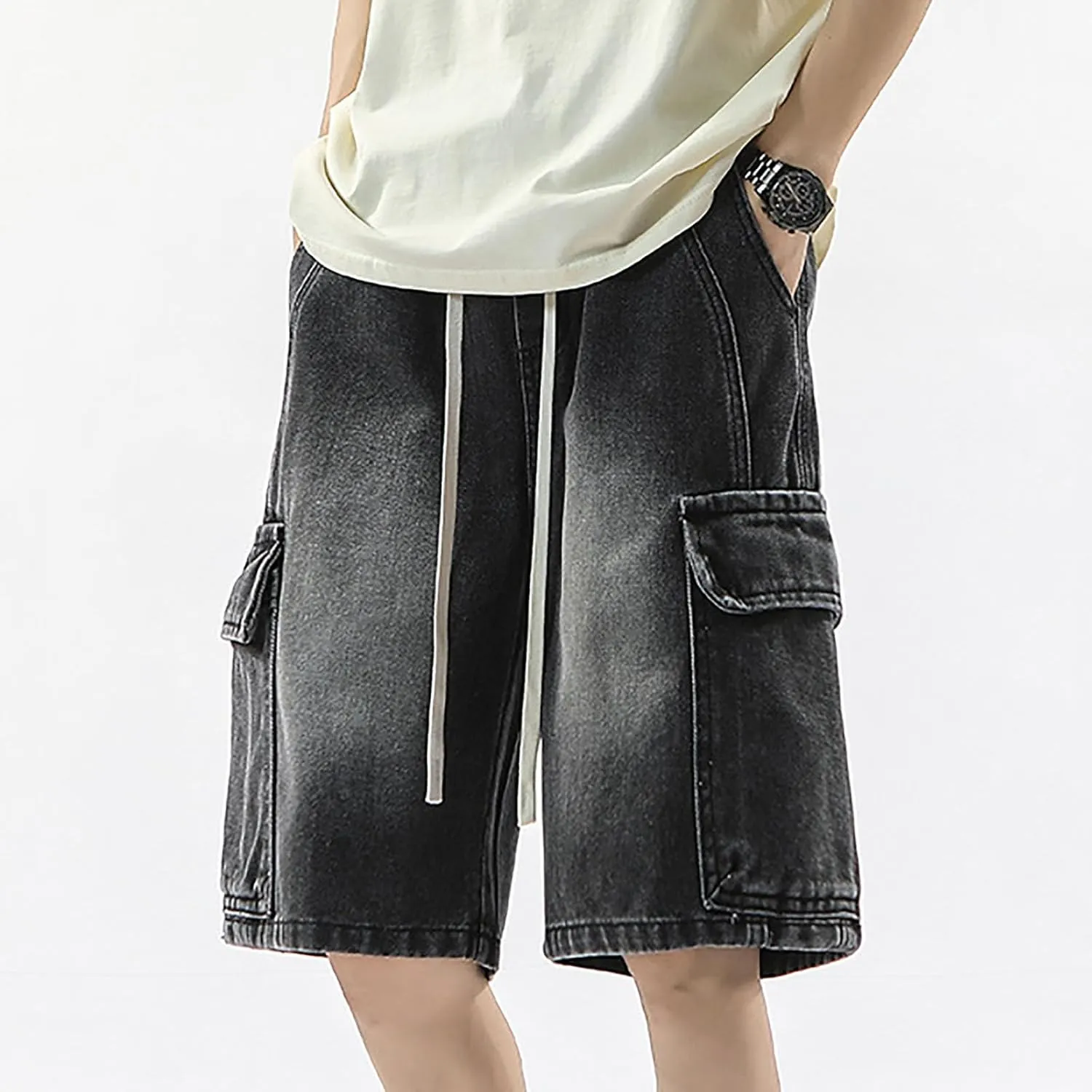 Mens Baggy Denim Jorts Y2K Vintage Loose Hip Hop Jean Shorts Wide Leg Mid Jeans Streetwear Clothes