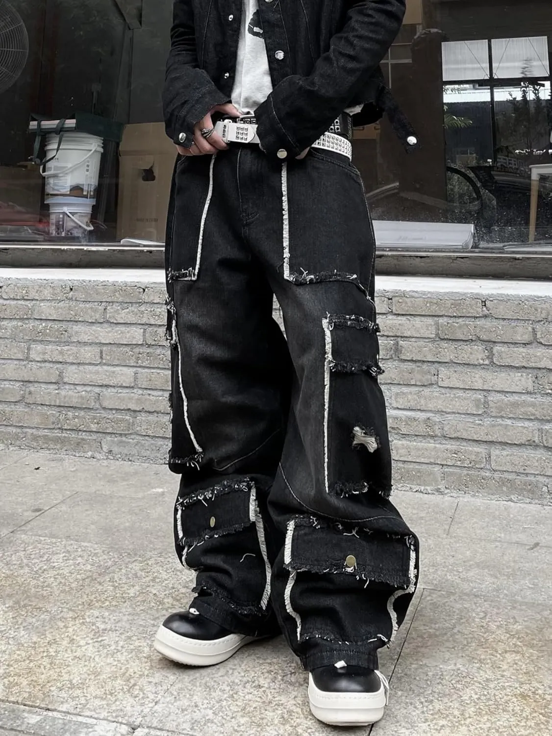 Mens Baggy Jeans with Cargo Pockets Goth Steampunk Y2k Wide Leg Denim Pants Skater Streetwear