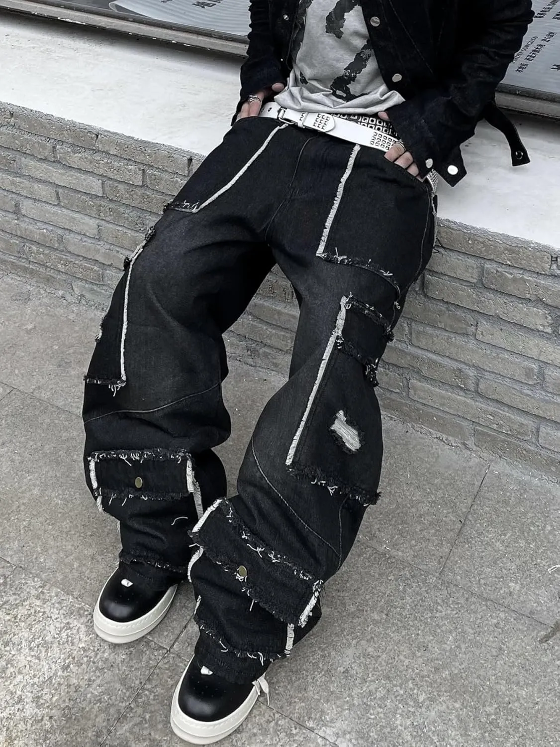Mens Baggy Jeans with Cargo Pockets Goth Steampunk Y2k Wide Leg Denim Pants Skater Streetwear