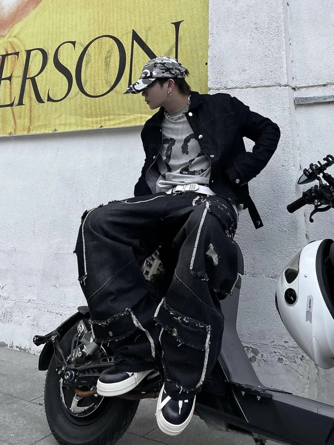 Mens Baggy Jeans with Cargo Pockets Goth Steampunk Y2k Wide Leg Denim Pants Skater Streetwear