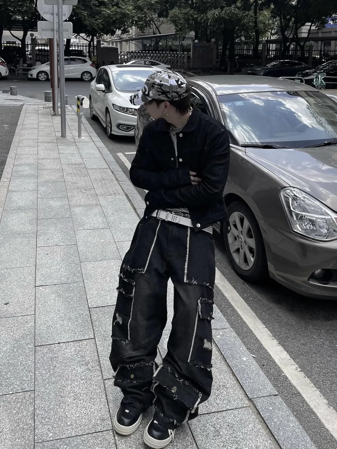 Mens Baggy Jeans with Cargo Pockets Goth Steampunk Y2k Wide Leg Denim Pants Skater Streetwear
