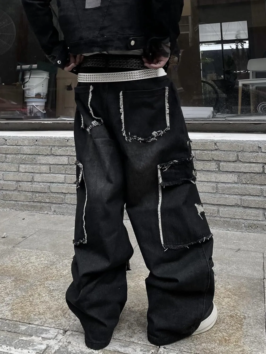 Mens Baggy Jeans with Cargo Pockets Goth Steampunk Y2k Wide Leg Denim Pants Skater Streetwear