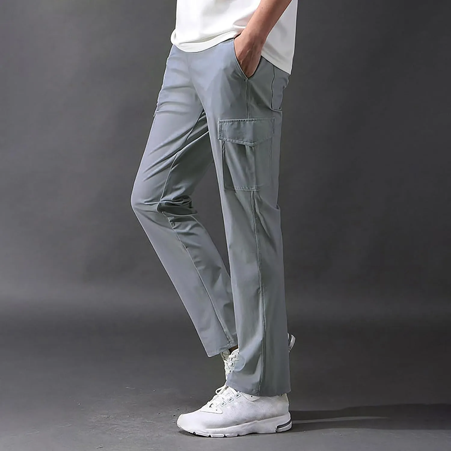 Mens Cargo Pants Drawstring Elastic Waist Straight Leg Slacks Lightweight Casual Plain Trousers with Multi Pockets