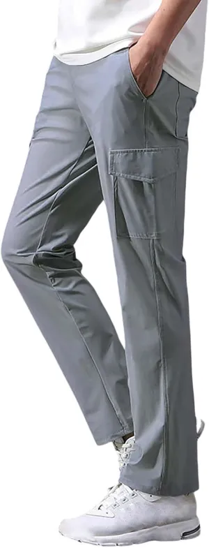 Mens Cargo Pants Drawstring Elastic Waist Straight Leg Slacks Lightweight Casual Plain Trousers with Multi Pockets