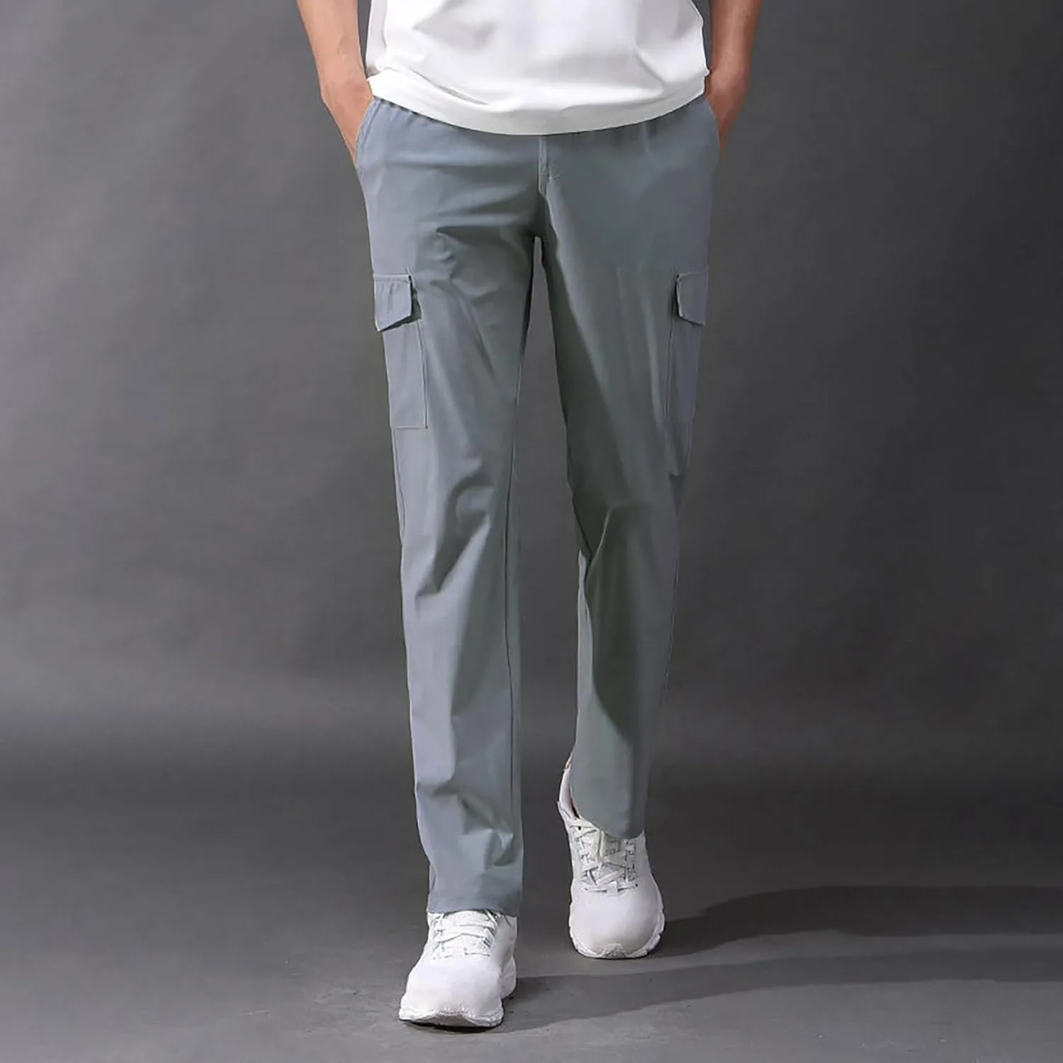 Mens Cargo Pants Drawstring Elastic Waist Straight Leg Slacks Lightweight Casual Plain Trousers with Multi Pockets