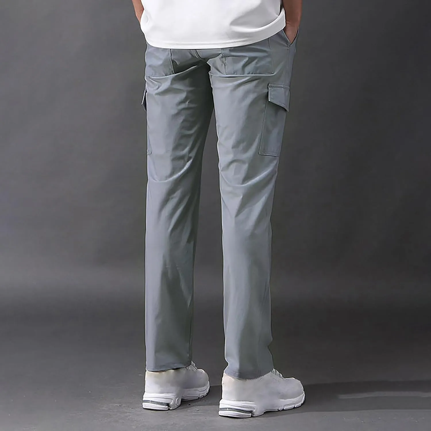 Mens Cargo Pants Drawstring Elastic Waist Straight Leg Slacks Lightweight Casual Plain Trousers with Multi Pockets