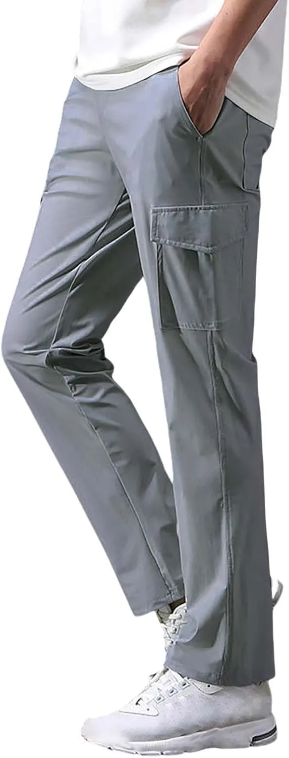 Mens Cargo Pants Drawstring Elastic Waist Straight Leg Slacks Lightweight Casual Plain Trousers with Multi Pockets