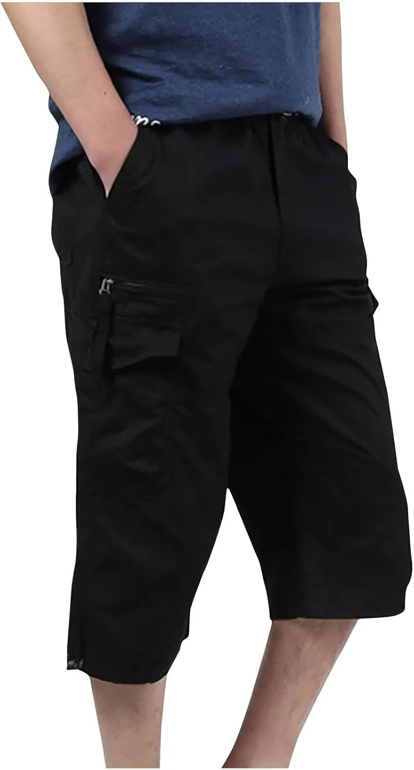 Mens Cargo Pants Straight Leg Capri Pants Lightweight Solid Color Work Pants Casual Multiple Pockets Hiking Sweatpants