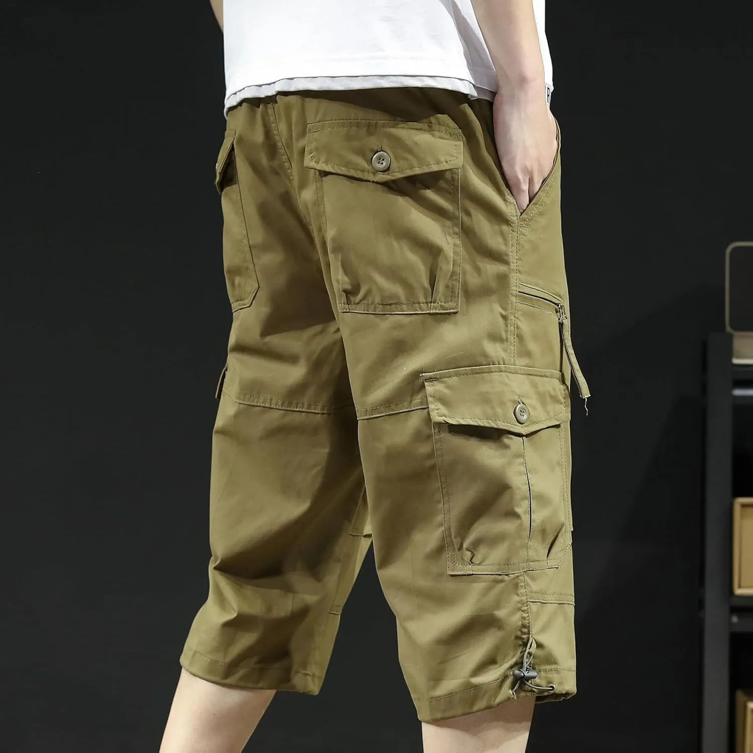 Mens Cargo Pants Straight Leg Capri Pants Lightweight Solid Color Work Pants Casual Multiple Pockets Hiking Sweatpants