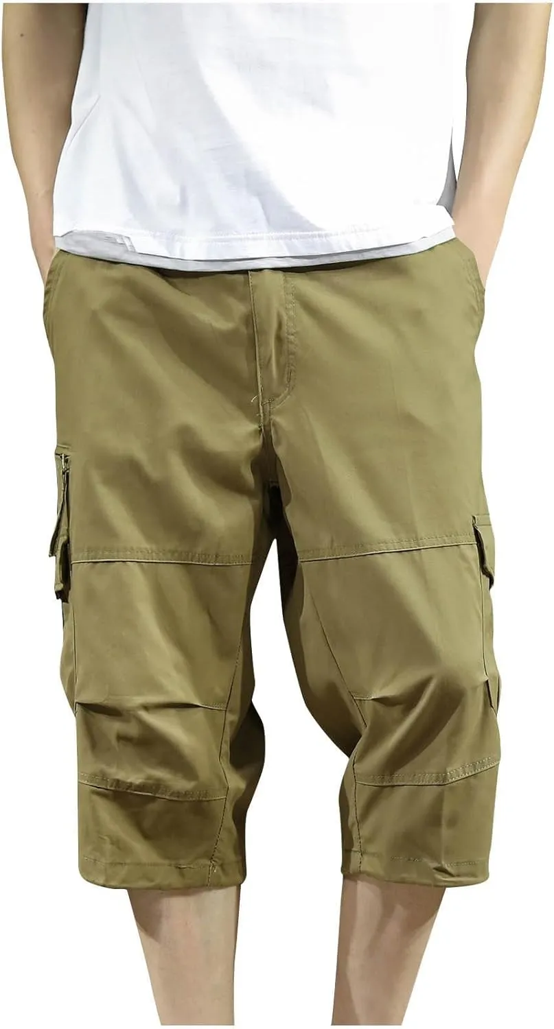 Mens Cargo Pants Straight Leg Capri Pants Lightweight Solid Color Work Pants Casual Multiple Pockets Hiking Sweatpants