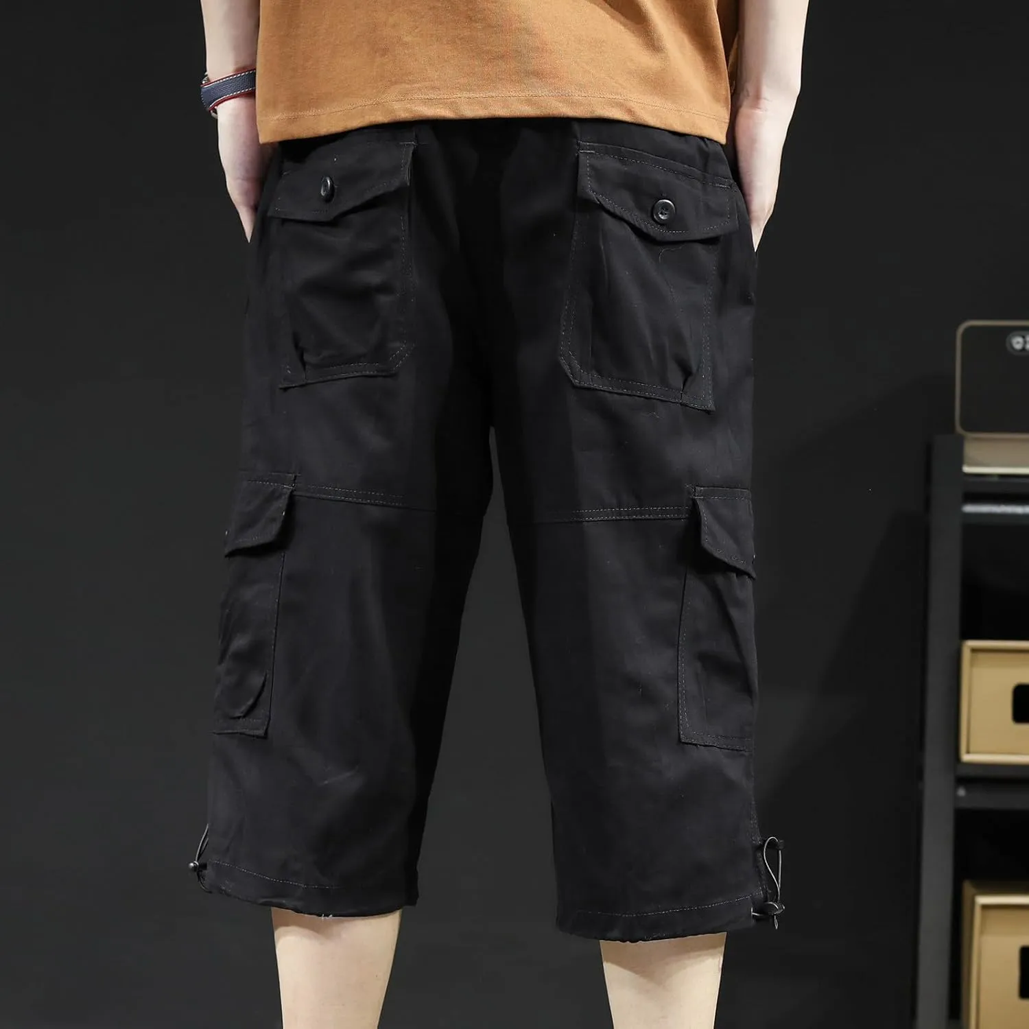 Mens Cargo Pants Straight Leg Capri Pants Lightweight Solid Color Work Pants Casual Multiple Pockets Hiking Sweatpants