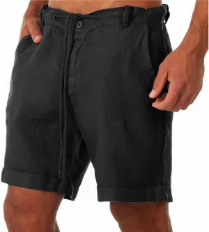 Men's Casual Linen Classic Short Elastic Waist Summer Beach Lightweight Board Slim-Fit with Pockets