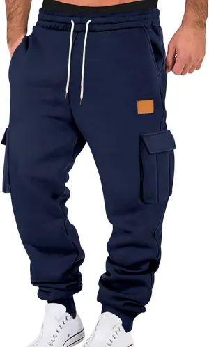 Mens Casual Waist Color Sports Hat Woven Pocket Solid Color Pocket Leather Label Thin Fleece Thrill Sweatpants