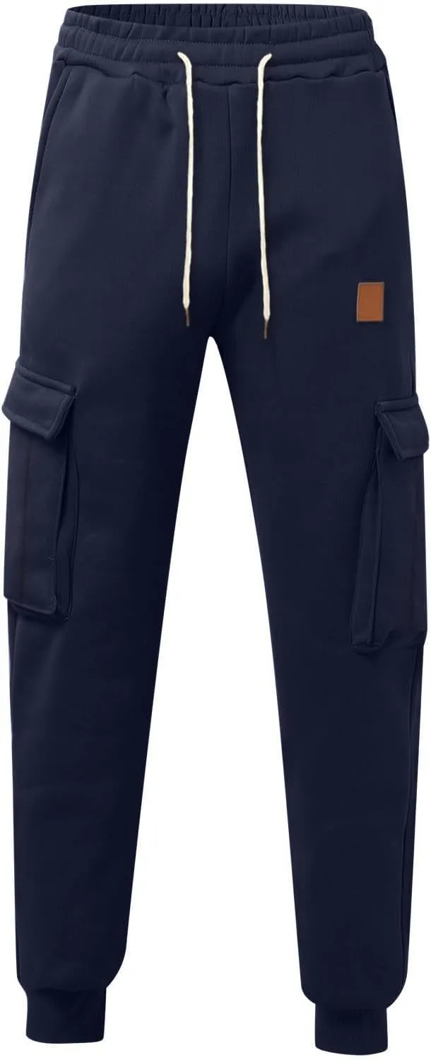 Mens Casual Waist Color Sports Hat Woven Pocket Solid Color Pocket Leather Label Thin Fleece Thrill Sweatpants