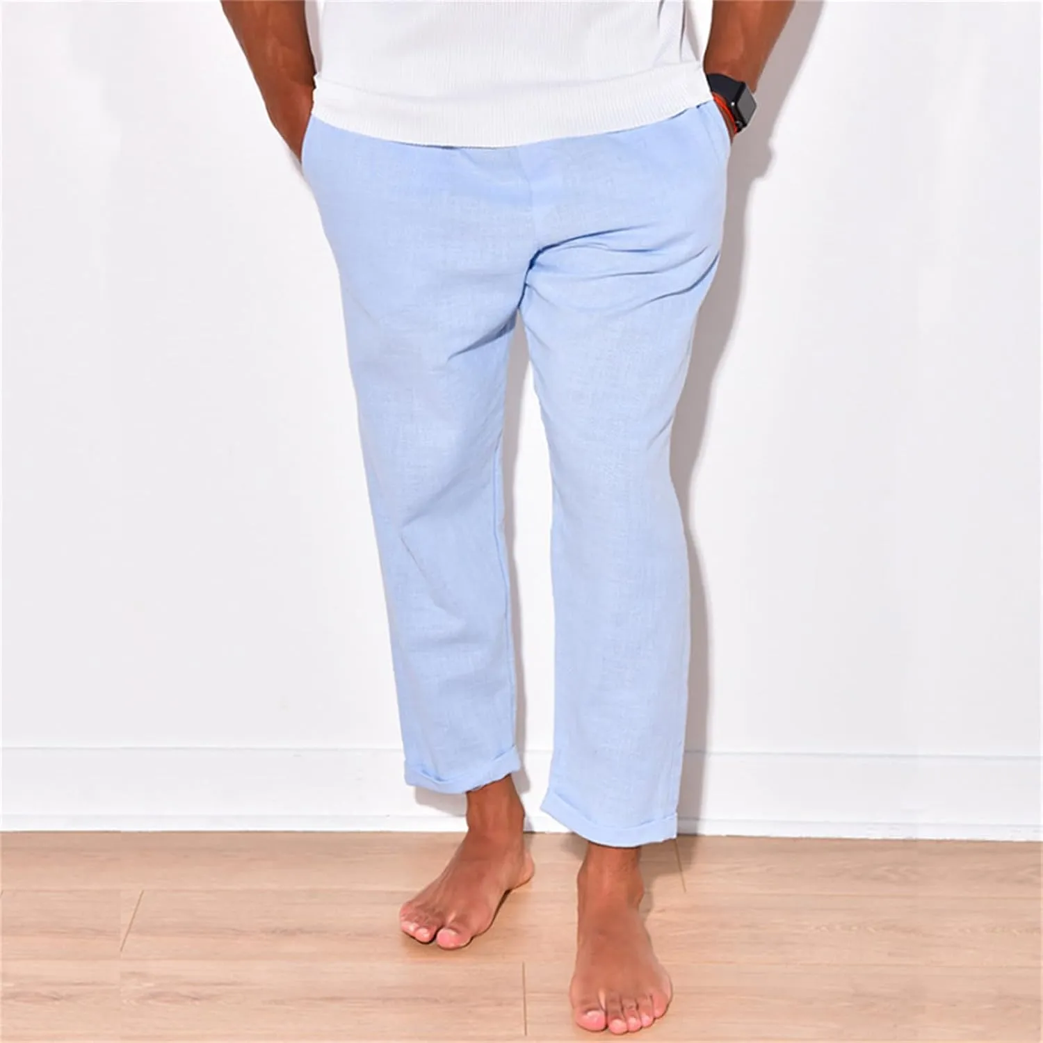 Mens Cotton Linen Casual Pants Drawstring Straight Elastic Waist Trousers Lightweight Slim Plaid Stretch Dress Pants