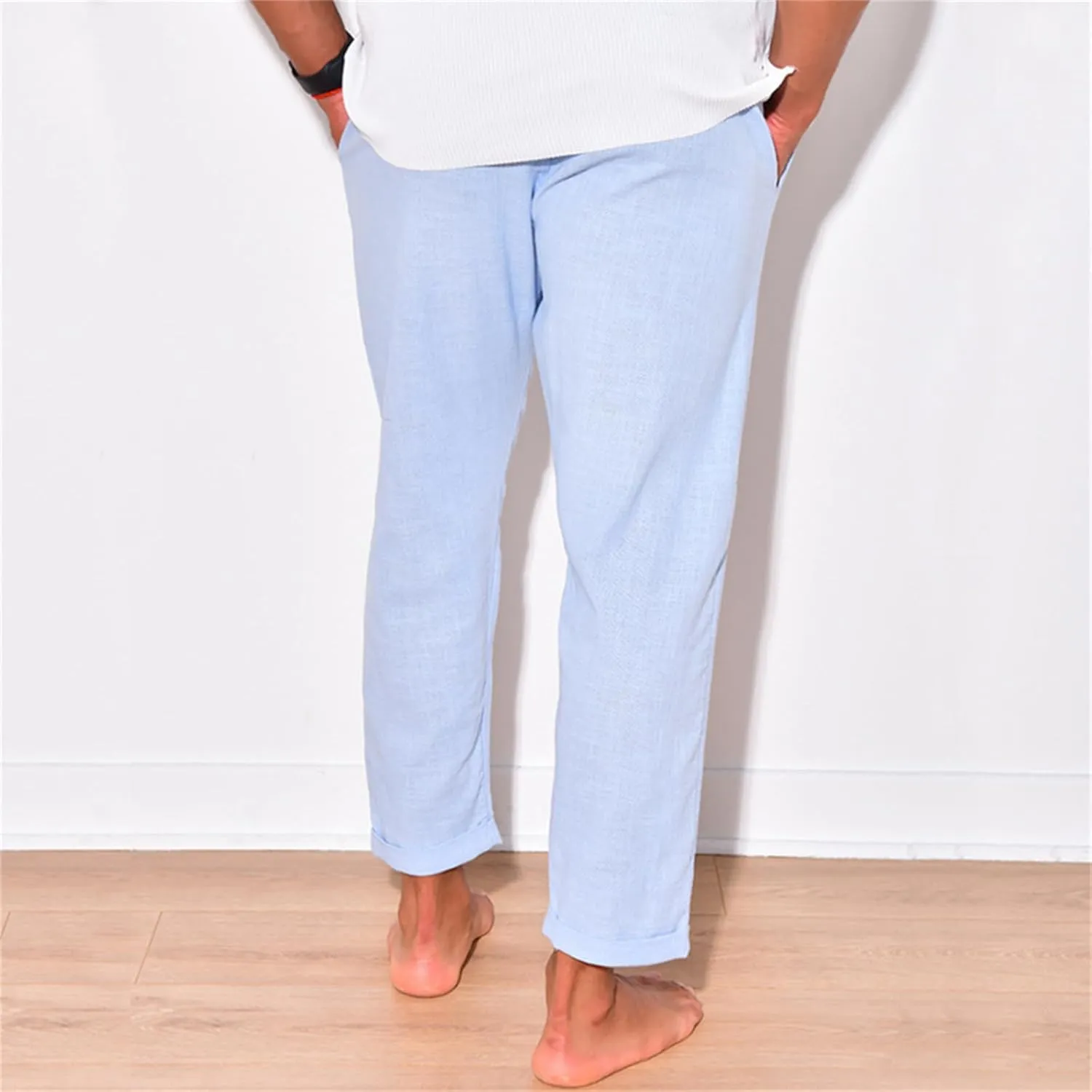 Mens Cotton Linen Casual Pants Drawstring Straight Elastic Waist Trousers Lightweight Slim Plaid Stretch Dress Pants