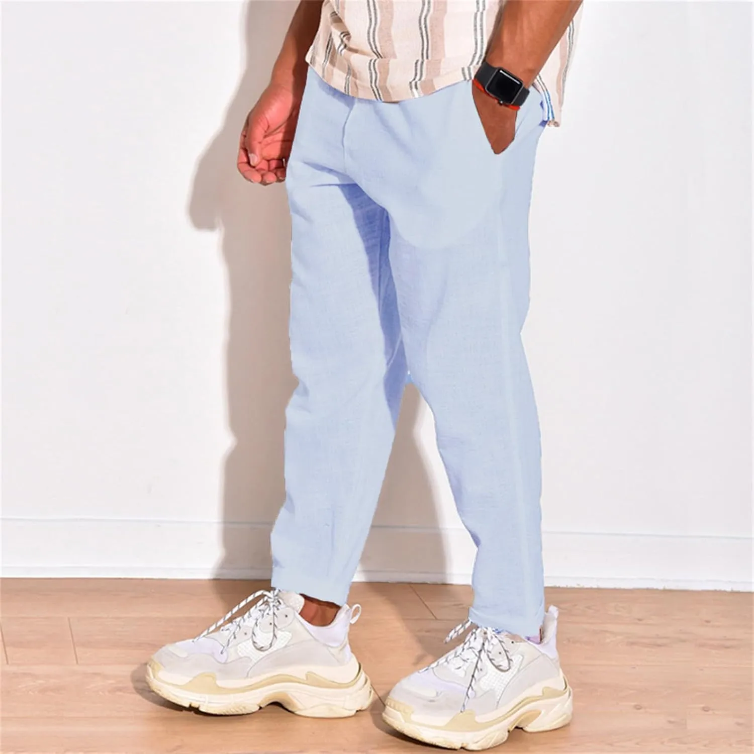 Mens Cotton Linen Casual Pants Drawstring Straight Elastic Waist Trousers Lightweight Slim Plaid Stretch Dress Pants