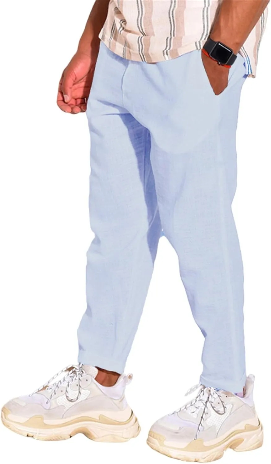 Mens Cotton Linen Casual Pants Drawstring Straight Elastic Waist Trousers Lightweight Slim Plaid Stretch Dress Pants