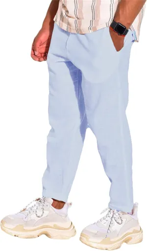 Mens Cotton Linen Casual Pants Drawstring Straight Elastic Waist Trousers Lightweight Slim Plaid Stretch Dress Pants